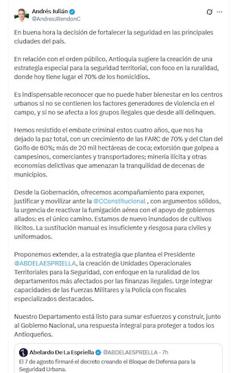 El gobernador Julián Andrés Rincón respaldó el enfoque urbano, pero amplió la discusión hacia la ruralidad - crédito @AndresJRendonC/X