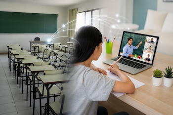 Composición de un aula escolar vacía a la izquierda y una estudiante usando una computadora portátil a la derecha.