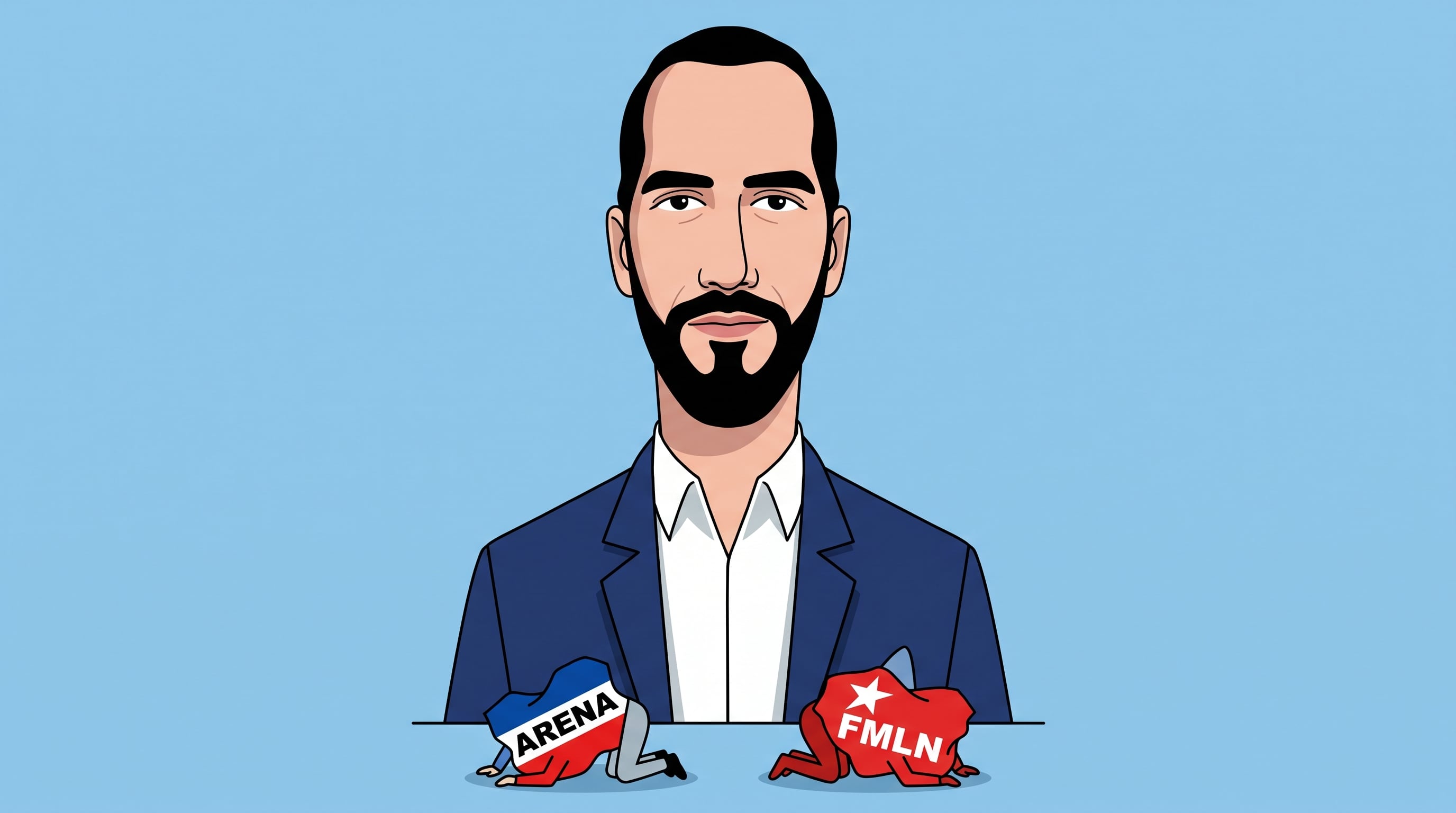 Una caricatura política contemporánea representa a Nayib Bukele como una figura dominante, empequeñeciendo a los partidos ARENA y FMLN, simbolizando su fuerte influencia política en El Salvador. (Imagen Ilustrativa Infobae)