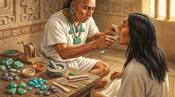 Dos personas en un taller antiguo. Una realiza una incrustación dental a otra. Hay una mesa con jade, turquesa, hematita, cuencos, mortero, herramientas.