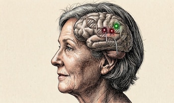 Ilustración de perfil de una mujer mayor con cabello gris, mostrando un cerebro con cadenas de ADN y puntos de luz roja y verde incrustados en su cráneo