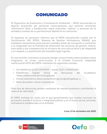 Comunicado de la OEFA. Rechaza