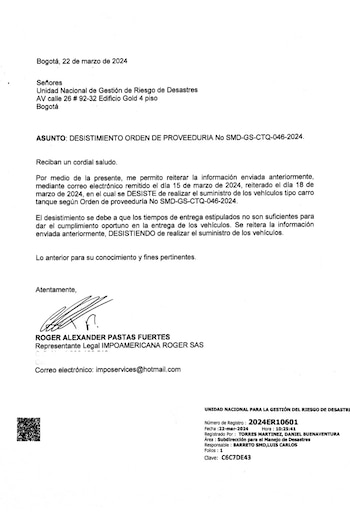 Orden de desistimiento presentada por