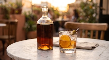 Una botella transparente con líquido oscuro y un vaso con hielo, rodaja de naranja y aceitunas sobre una mesa de mármol.
