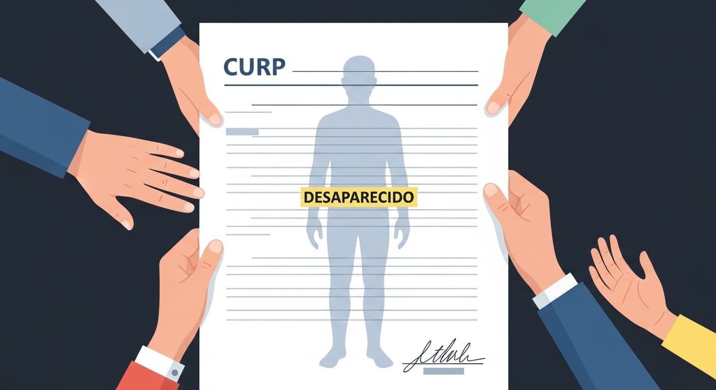 Familiares sostienen un documento CURP con la silueta de una persona desaparecida y la palabra