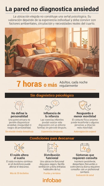 Infografía con el título La pared no diagnostica ansiedad, una ilustración de un dormitorio y seis recuadros con iconos explicativos.