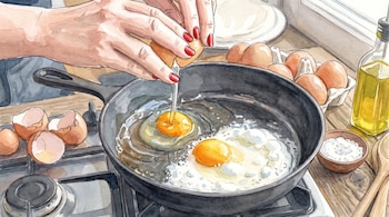 Ilustración en acuarela de dos manos cascando un huevo en una sartén sobre la cocina, con cáscaras, aceite y sal alrededor.