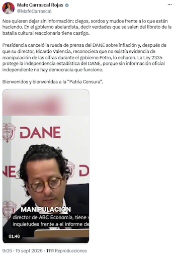 Mafe Carrascal denunció presiones sobre el Dane tras la salida de Ricardo Valencia - crédito @MafeCarrascal/X