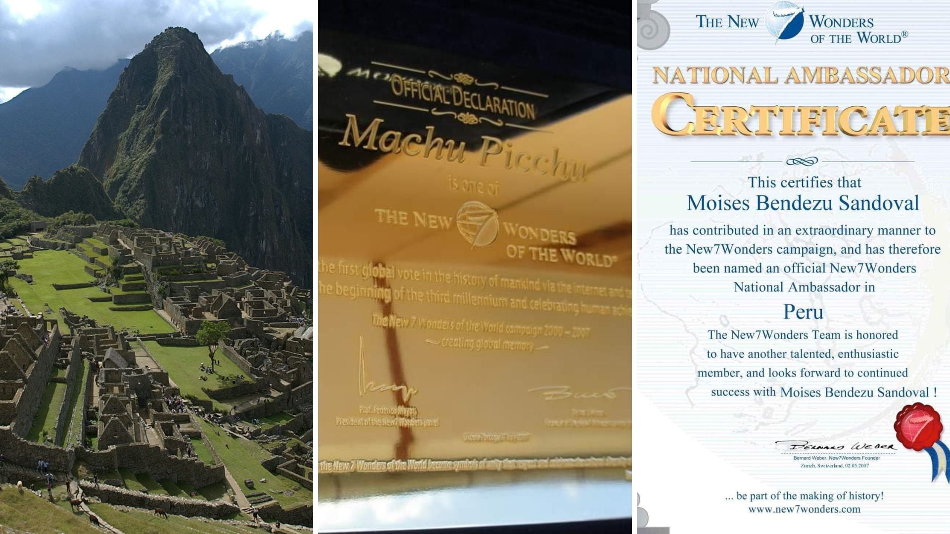Placa de oro y pergamino que reconoce a Machu Picchu como maravilla del mundo. | Composición Infoabe Perú