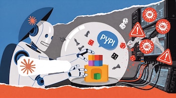 Robot blanco, logo de Claude, bloques de colores, esfera con ajedrez y dados, burbuja PYPI. Servidores con pantallas, iconos de virus y señales de advertencia.