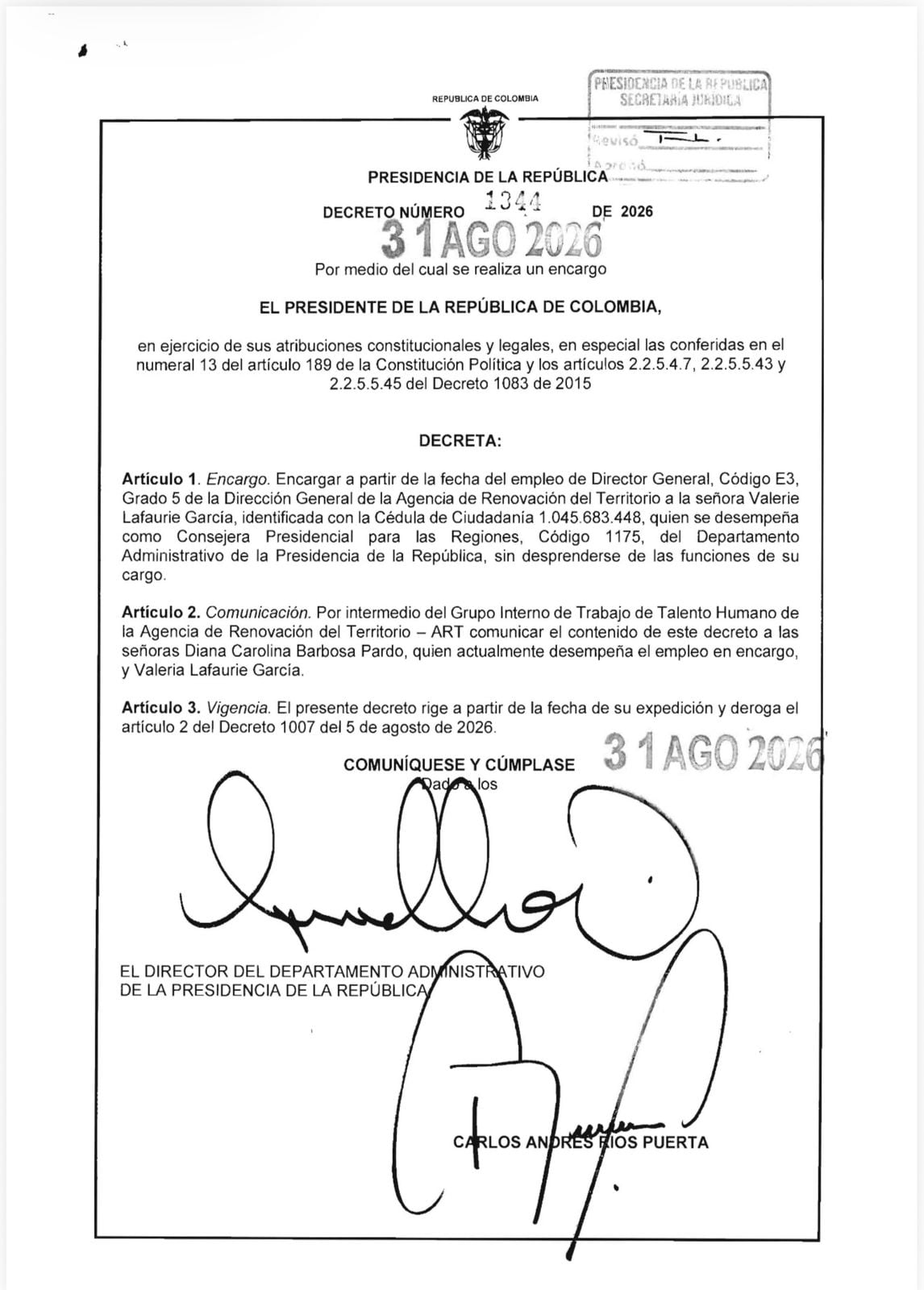 El decreto 1344 de 2026 establece el encargo de Valerie Lafaurie García en la Dirección General de la ART. - Presidencia
