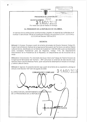 El decreto 1344 de 2026 establece el encargo de Valerie Lafaurie García en la Dirección General de la ART. - Presidencia