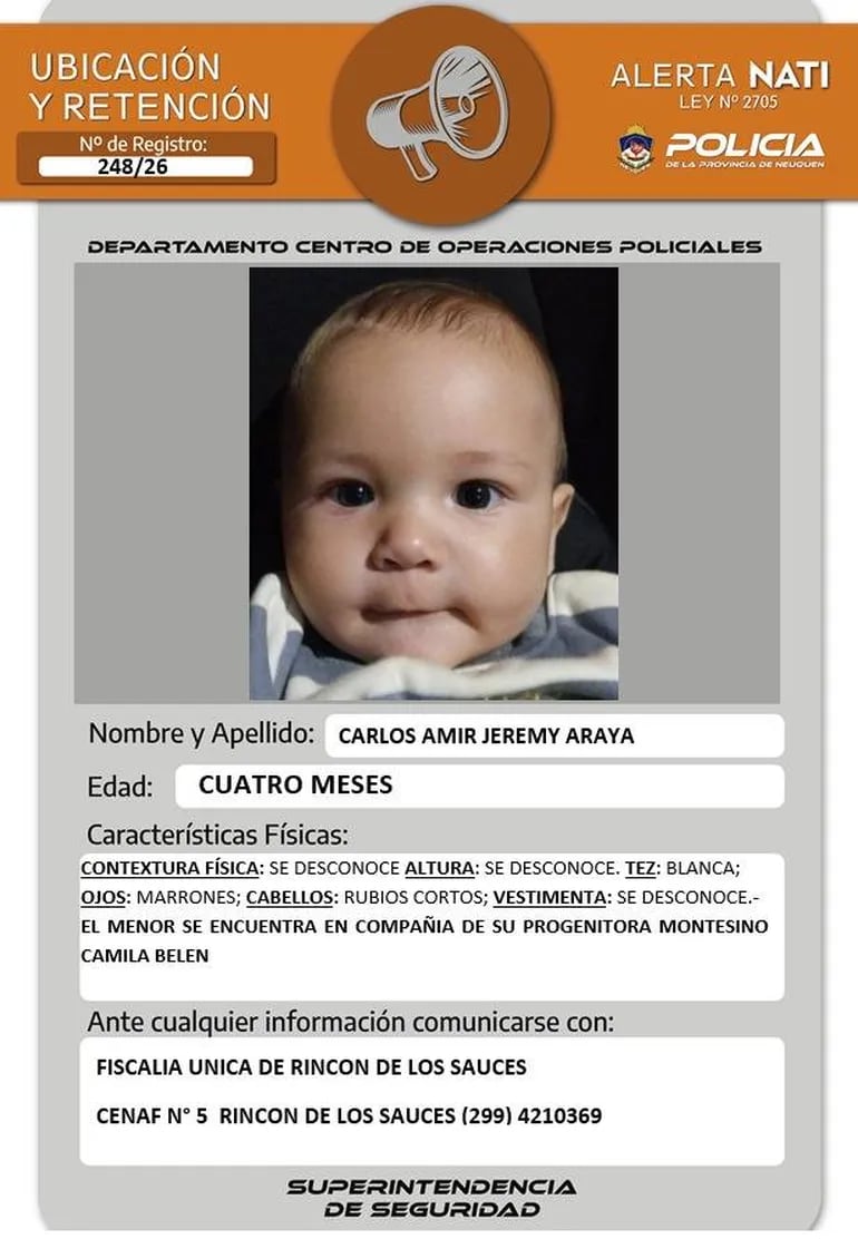 La Policía de Neuquén activó la alerta Nati por la desaparición del bebé de 4 meses