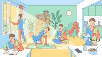 Ilustración plana de una persona en pijama colorido realizando múltiples hábitos matinales: abriendo una ventana, escribiendo, estirando, meditando, y sirviendo desayuno.