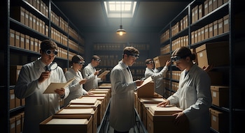 Múltiples individuos con batas blancas de laboratorio y gafas protectoras inspeccionan documentos y cajas de archivos en un vasto almacén con estantes llenos.