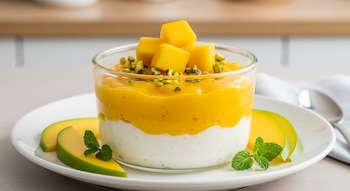 Un vaso con postre de mango de dos capas, cubierto con cubos de mango, pistachos picados y hojas de menta, sobre un plato blanco con rodajas de mango.