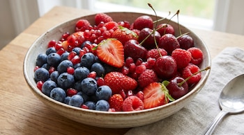 Un bol de cerámica lleno de arándanos, fresas, cerezas, frambuesas y semillas de granada sobre una mesa de madera, con una cuchara y una servilleta de lino.