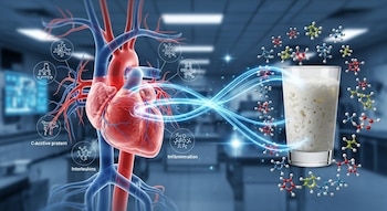Ilustración 3D de un corazón y arterias junto a un vaso de kéfir, conectados por líneas de luz. Moléculas y marcadores de inflamación flotan alrededor.