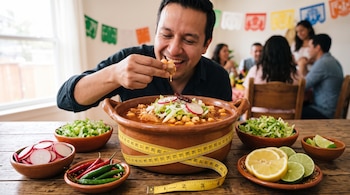 Un hombre sostiene comida sobre una cazuela de barro con pozole envuelta en cinta métrica, junto a cuencos con rábanos, limones y chiles.