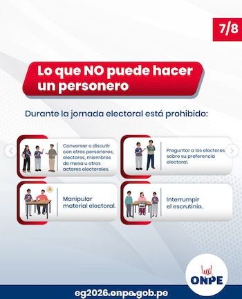 Infografía sobre prohibiciones para personeros electorales, cuatro cuadros con ilustraciones explicativas y el logotipo de la ONPE