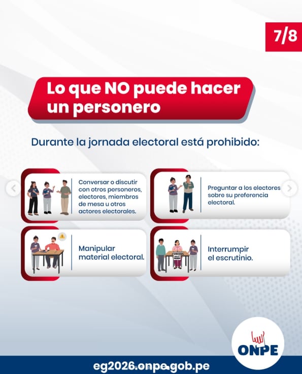 Una infografía de la ONPE detalla las acciones prohibidas para los personeros durante las elecciones en Perú, como manipular material o interrumpir el escrutinio. (ONPE)