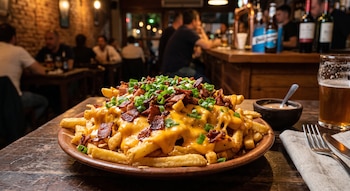 Plato de papas fritas con queso, panceta y cebolla de verdeo. Al lado, vaso de cerveza, salsa, tenedor y cuchillo sobre servilleta en mesa de madera