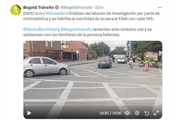 Bogotá Tránsito informa que se habilitó movilidad en la carrera 136A con calle 145 - crédito @BogotaTransito
