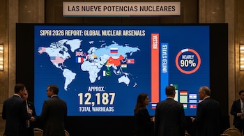Pantalla grande con mapa y banderas de potencias nucleares, datos SIPRI 2026 sobre ojivas. Cartel "LAS NUEVE POTENCIAS NUCLEARES". Varias personas de negocios observan.