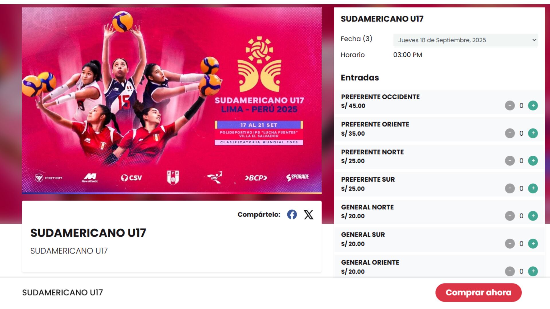 Entradas para el Perú vs Chile por la fecha 2 del Sudamericano Sub 17 de Vóley 2025. Crédito: Joinnus