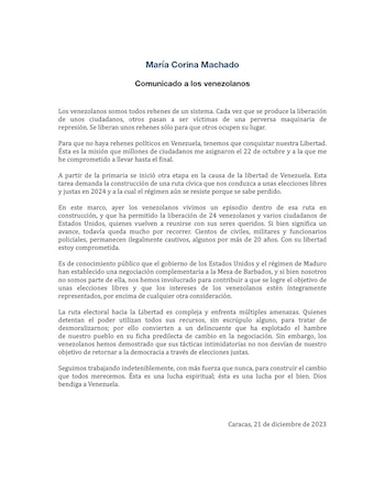 Comunicado María Corina Machado