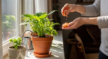 Manos de una persona desmenuzando cáscaras de huevo sobre la tierra de una planta en maceta junto a una ventana soleada, con otras plantas de interior y una regadera visible.