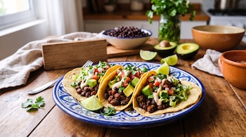 Tres tacos servidos en un plato decorado junto a rodajas de lima, aguacate y un tazón con frijoles sobre una mesa de madera.
