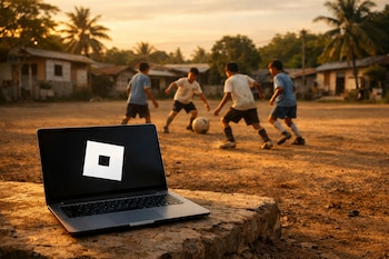 Una laptop abierta con el logo de Roblox en pantalla, en primer plano. Al fondo, cuatro niños juegan fútbol con una pelota en una cancha de tierra al atardecer.