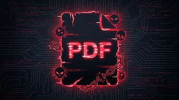 Un icono negro de un archivo PDF iluminado en rojo con cadenas, calaveras y virus sobre un fondo de circuitos informáticos.