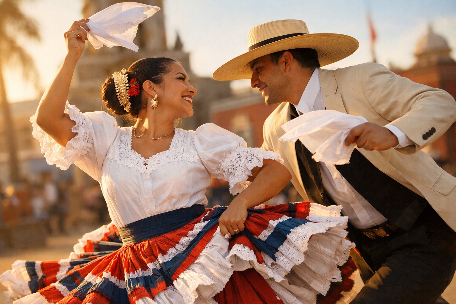 Una pareja vestida con trajes típicos baila marinera norteña, agitando pañuelos blancos bajo la luz del atardecer en una plaza tradicional de Trujillo. (Imagen Ilustrativa Infobae)