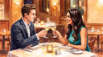 Ilustración de un hombre y una mujer brindando con copas de vino sobre una mesa de restaurante iluminada por una vela.