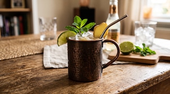 Una taza de cobre llena de hielo con menta, lima, jengibre y un sorbete metálico sobre una mesa de madera.