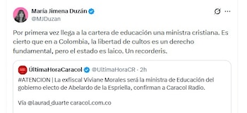 La periodista María Jimena Duzán llamó la atención sobre el impacto institucional del nombramiento, recordando que Colombia es un Estado laico - crédito @MJDuzan/X