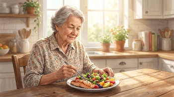 Ilustración de mujer mayor con cabello gris, vestida de flores, comiendo salmón a la parrilla, ensalada y frutas en una mesa de madera en una cocina luminosa.