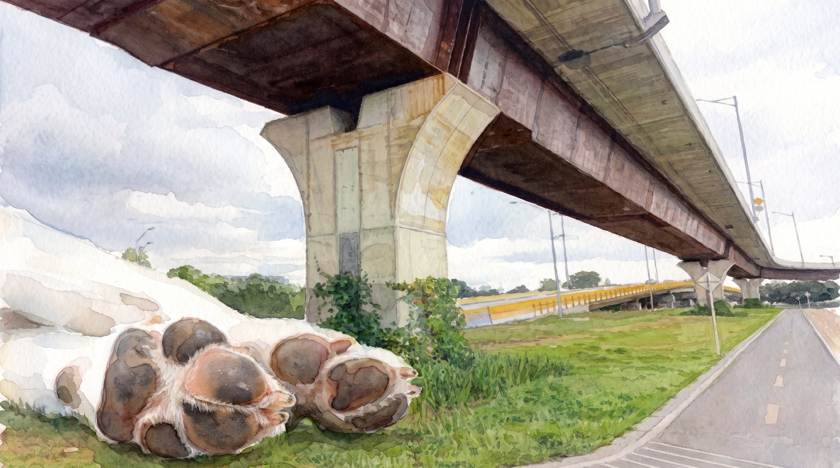 Una ilustración en acuarela sitúa unas patas de perro recostadas en primer plano junto a la estructura de un puente vehicular - crédito (Imagen Ilustrativa Infobae)