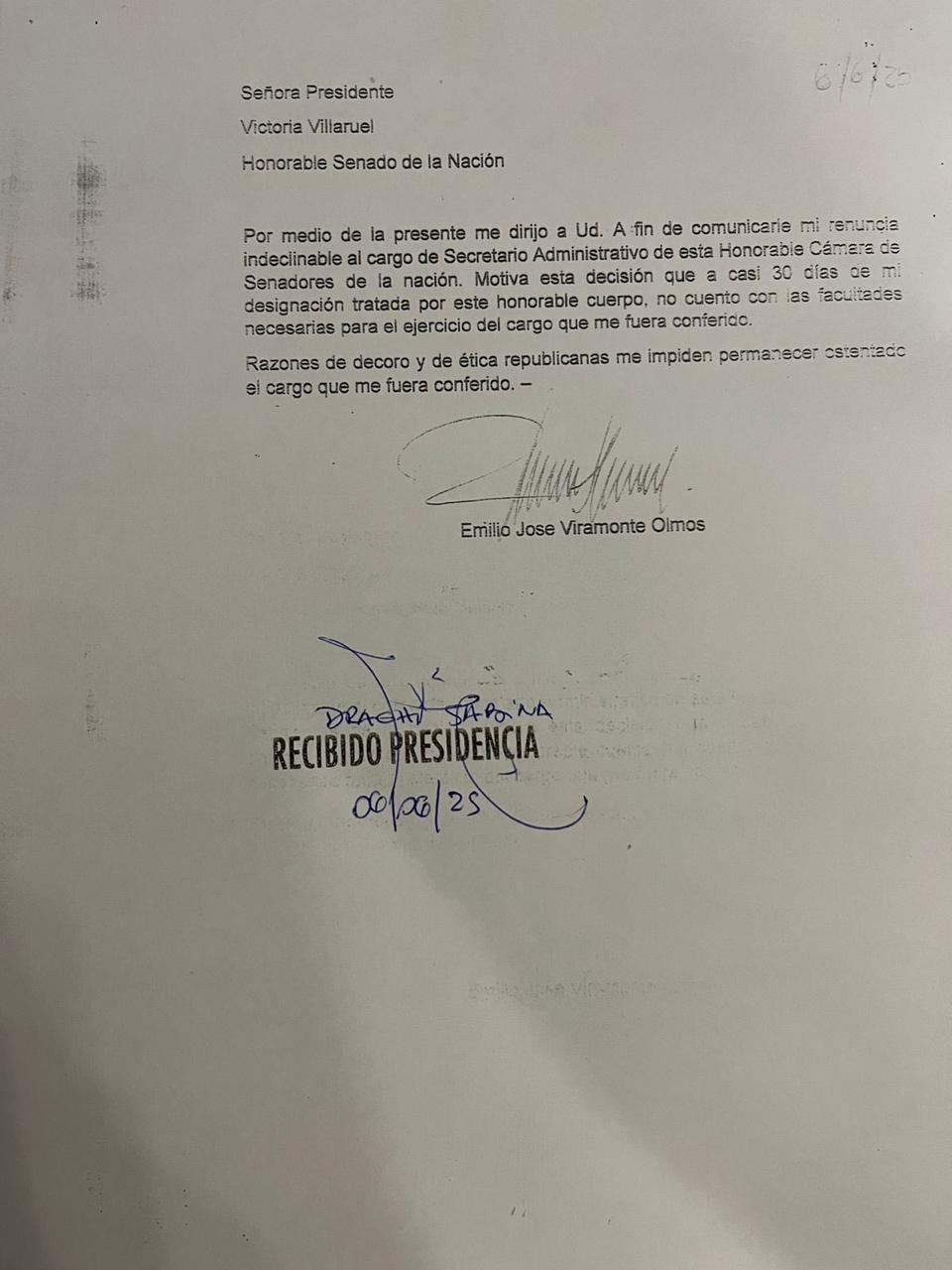 La carta de renuncia de Eduardo Viramonte Olmos