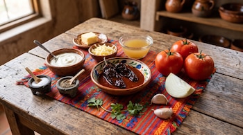 Ingredientes sobre una mesa: chiles en adobo, crema, tomates, cebolla, ajo, mantequilla, queso, caldo, sal, pimienta y cilantro.