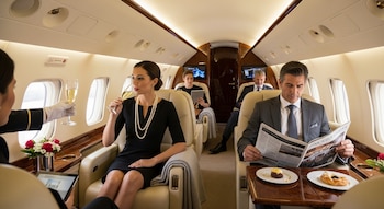 Interior de un jet privado con varios pasajeros. Una asistente de vuelo ofrece champaña a una mujer elegante mientras un hombre lee el periódico.