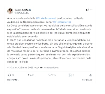 Isabel Zuleta reaccionó al cara a cara con 'Fico' Gutiérrez