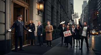 Portero y residentes elegantes observan a manifestantes con pancartas "No Kings" y camisetas "Eat the Rich" en una calle de Nueva York.