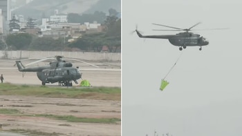 Díptico muestra un helicóptero militar MI-17 en una pista de aterrizaje y el mismo helicóptero volando con un balde de agua amarillo suspendido