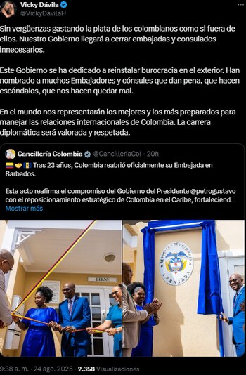 Fuertes señalamientos de Vicky Dávila por embajada de Colombia en Barbados - crédito @VickyDavilaH