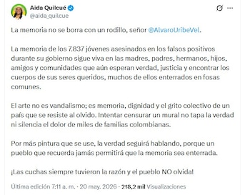 La senadora Aida Quilcué defendió el mural que se hizo en inmediaciones de la casa del expresidente Álvaro Uribe como un ejercicio de memoria colectiva - crédito @aida_quilcue/X
