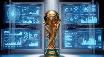 Trofeo de la Copa del Mundo dorado en el centro, con una supercomputadora y pantallas holográficas azules que muestran gráficos y datos técnicos en el fondo.