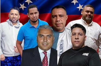 Collage de seis hombres adultos, con diferentes vestimentas, sobrepuestos sobre una bandera de Venezuela. Hay cuatro hombres arriba y dos abajo